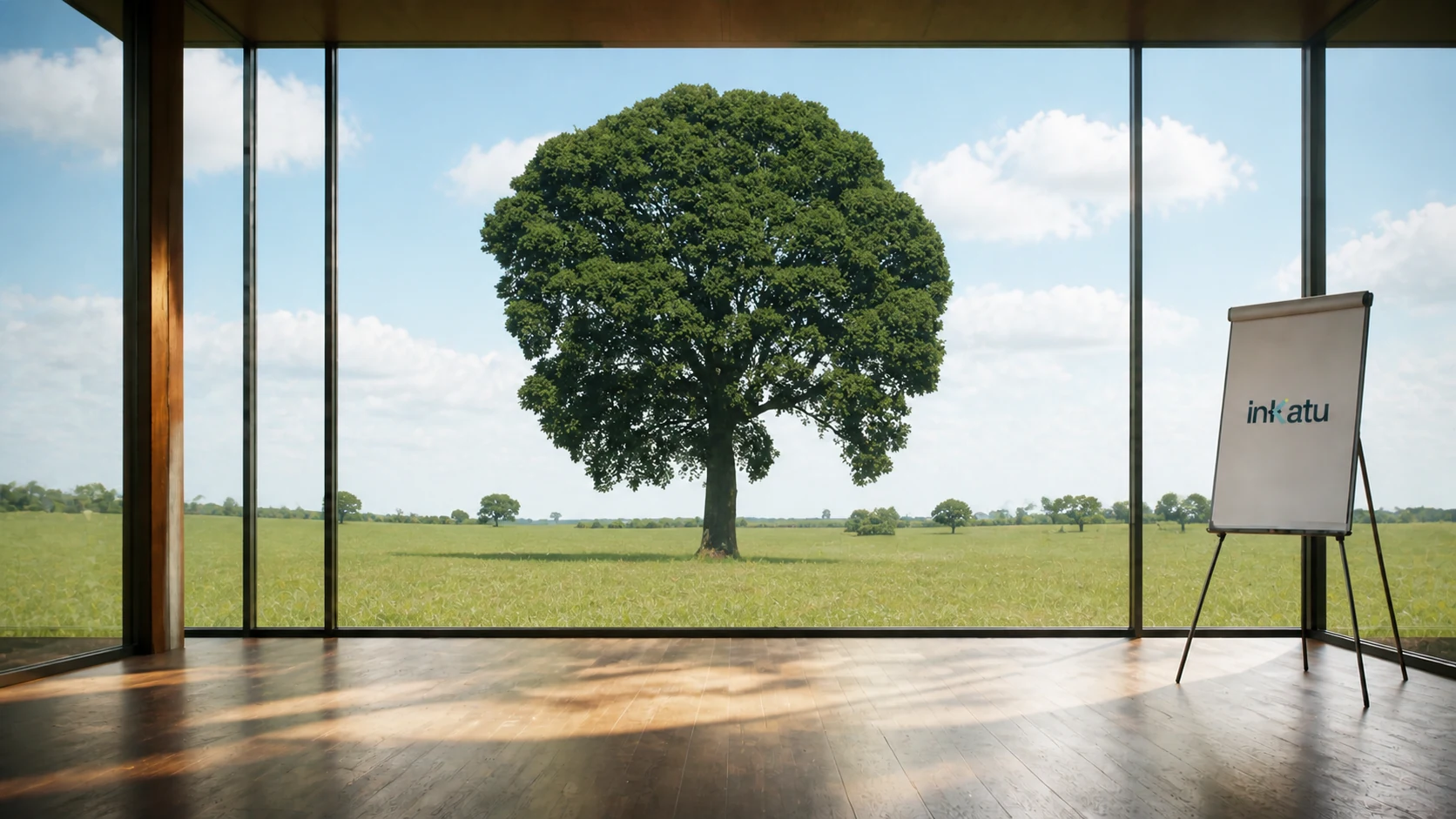 Sala de reunião contemporânea aberta para a paisagem, com um jatobá em destaque